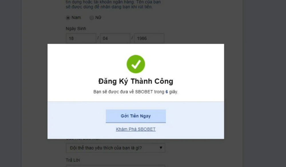 Sau khi nhập mã OTP, quá trình đăng ký đã thành công